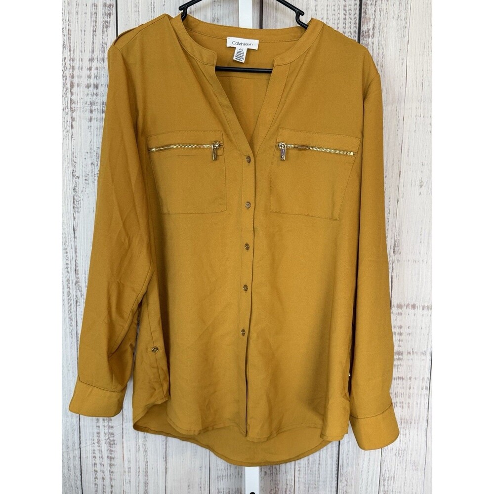 Calvin Klein Women’s Blouse Large Mustard Yellow Long Sleeve Zipper Pockets